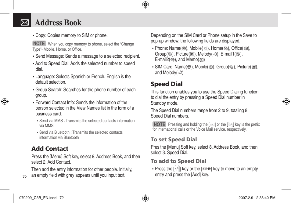 Address book, Add contact, Speed dial | Pantech C3b User Manual | Page 73 / 101