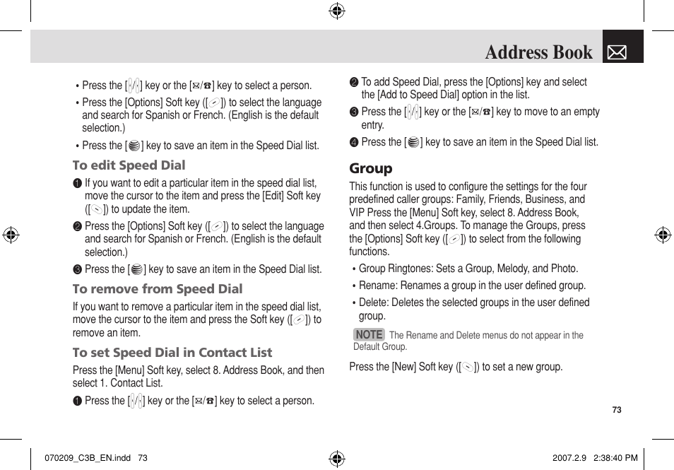 Address book, Group | Pantech C3b User Manual | Page 74 / 101