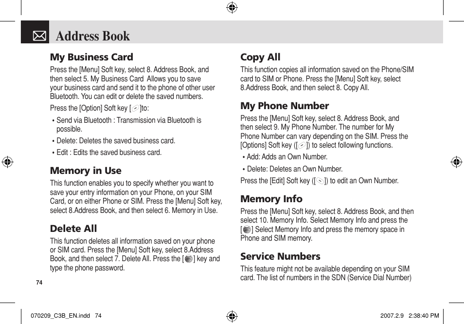 Address book, My business card, Delete all | Copy all, My phone number, Service numbers | Pantech C3b User Manual | Page 75 / 101