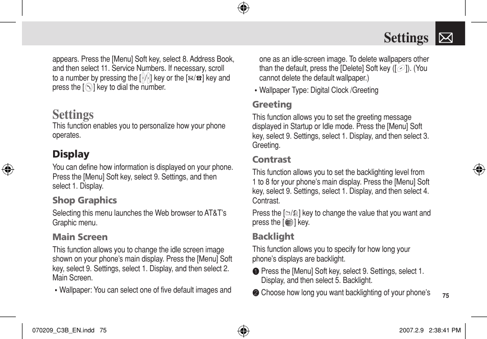 Settings, Display | Pantech C3b User Manual | Page 76 / 101