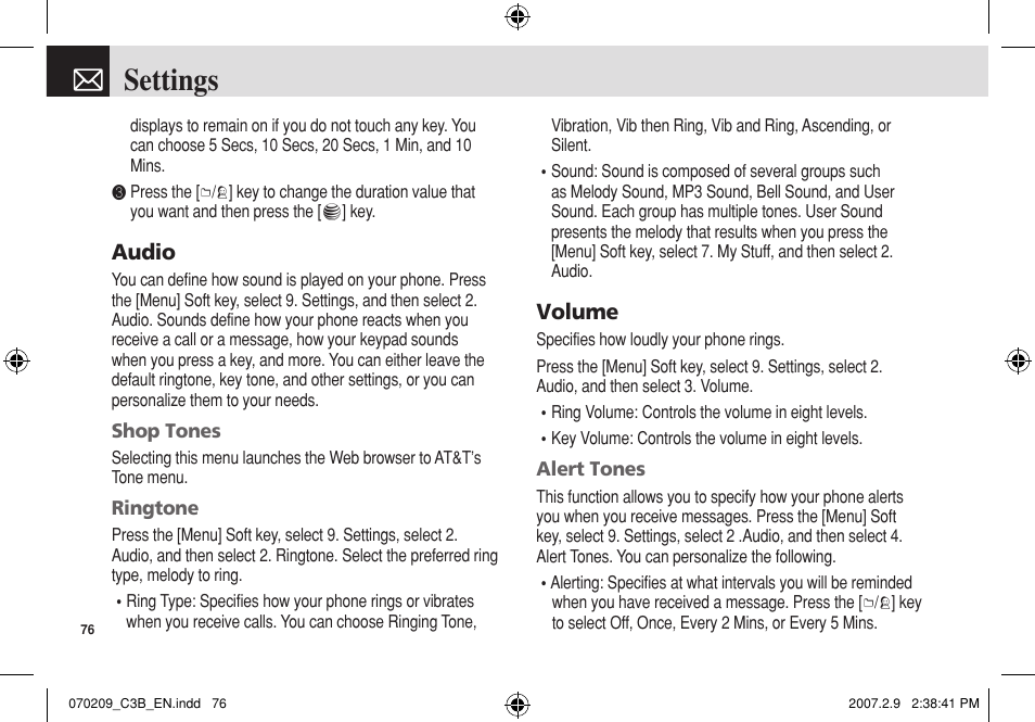 Settings, Audio, Volume | Pantech C3b User Manual | Page 77 / 101