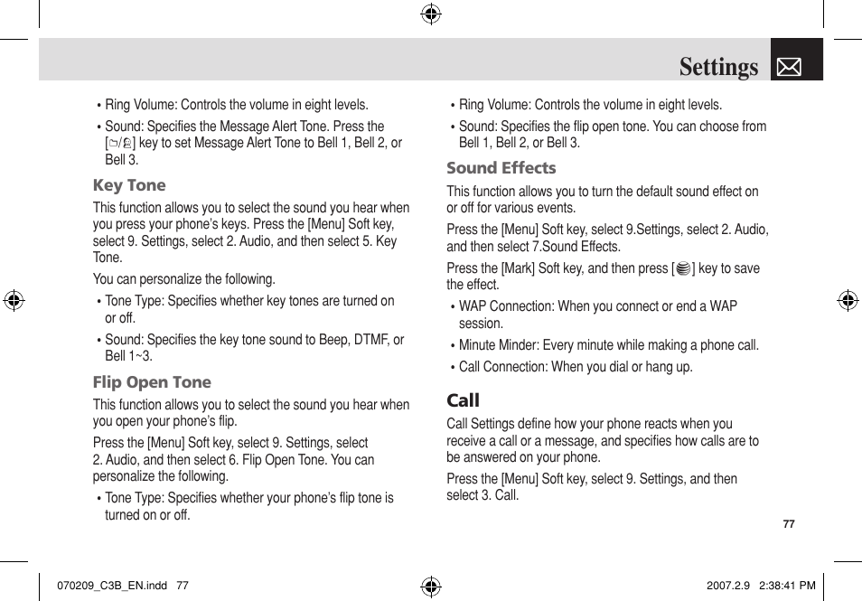 Settings, Call | Pantech C3b User Manual | Page 78 / 101