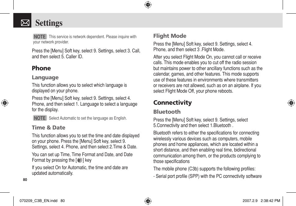 Settings, Phone, Connectivity | Pantech C3b User Manual | Page 81 / 101