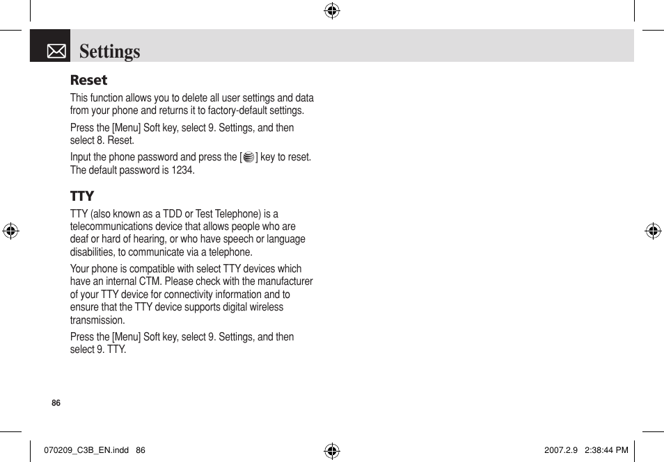 Settings, Reset | Pantech C3b User Manual | Page 87 / 101