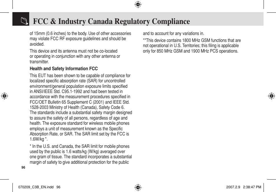 Fcc & industry canada regulatory compliance | Pantech C3b User Manual | Page 97 / 101