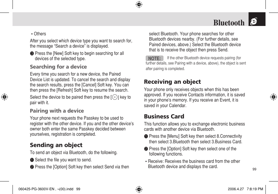 Bluetooth, Sending an object, Receiving an object | Business card | Pantech PG - 3600V User Manual | Page 100 / 115