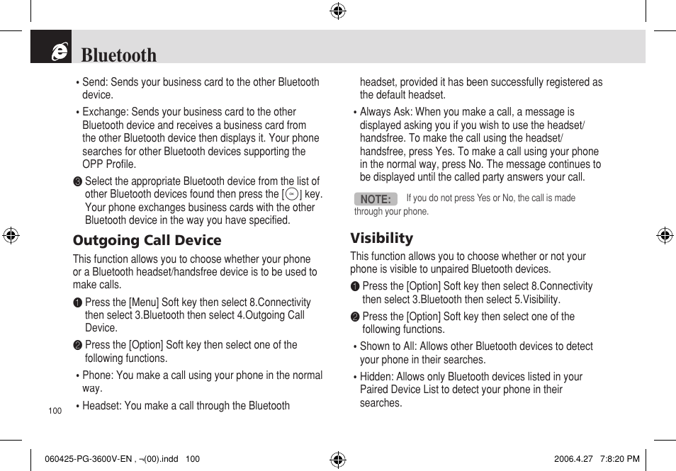 Bluetooth, Outgoing call device, Visibility | Pantech PG - 3600V User Manual | Page 101 / 115
