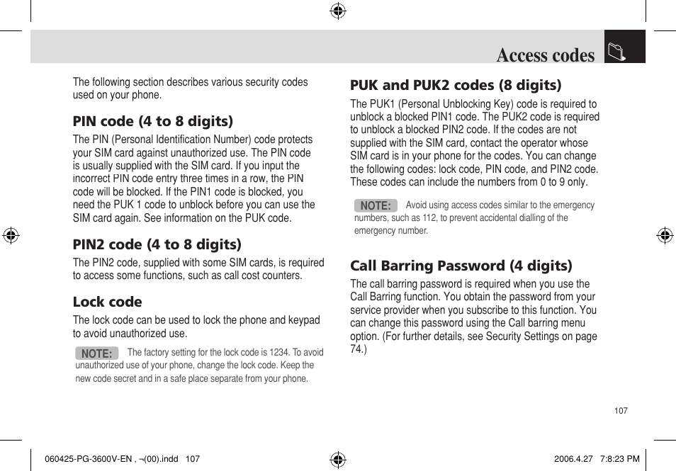 Access codes, Pin code (4 to 8 digits), Pin2 code (4 to 8 digits) | Lock code, Puk and puk2 codes (8 digits), Call barring password (4 digits) | Pantech PG - 3600V User Manual | Page 108 / 115