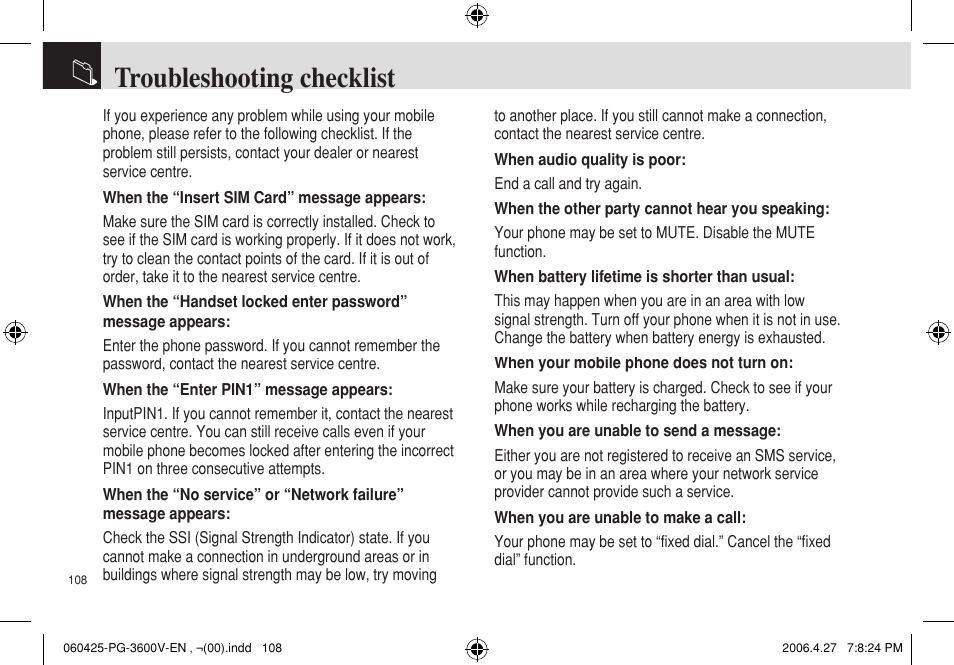 Troubleshooting checklist | Pantech PG - 3600V User Manual | Page 109 / 115