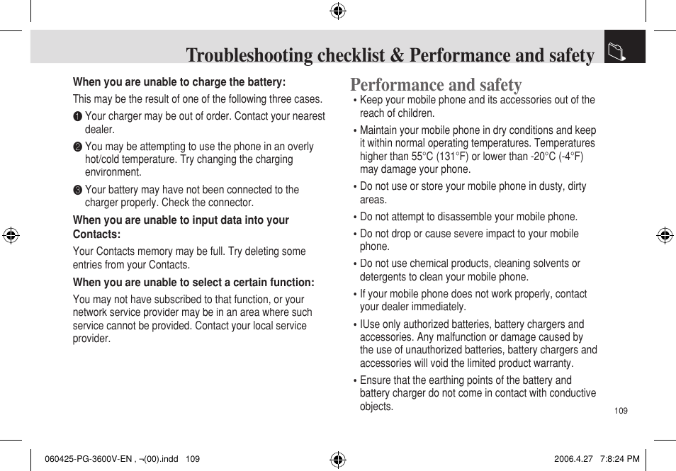 Troubleshooting checklist & performance and safety, Performance and safety | Pantech PG - 3600V User Manual | Page 110 / 115