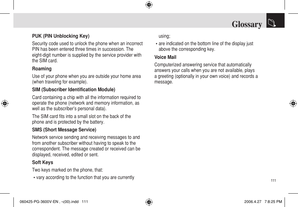 Glossary | Pantech PG - 3600V User Manual | Page 112 / 115