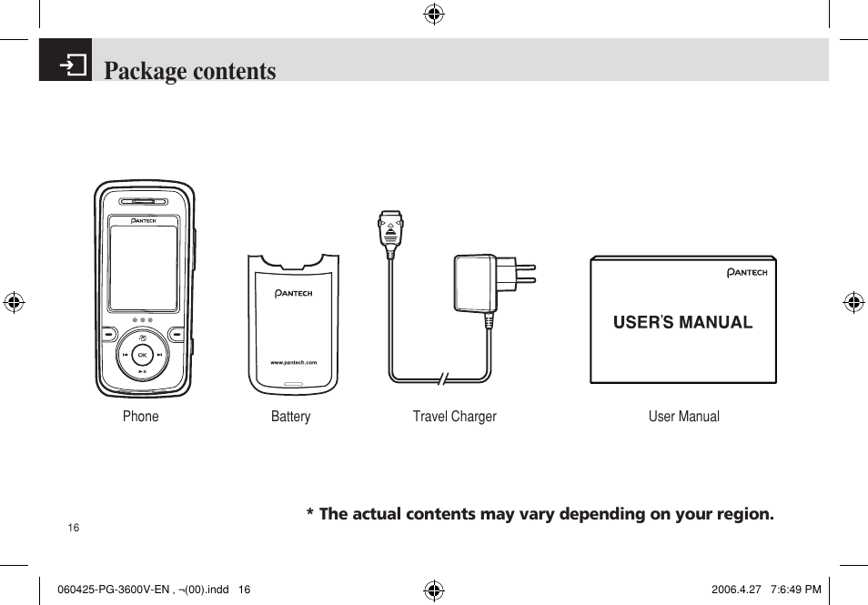 Package contents | Pantech PG - 3600V User Manual | Page 17 / 115