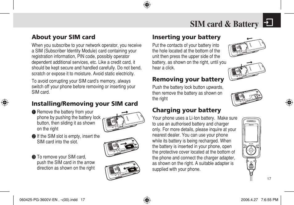 Sim card & battery | Pantech PG - 3600V User Manual | Page 18 / 115