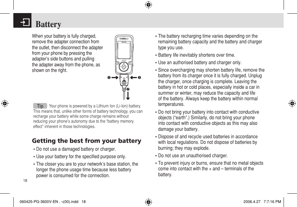 Battery, Getting the best from your battery | Pantech PG - 3600V User Manual | Page 19 / 115