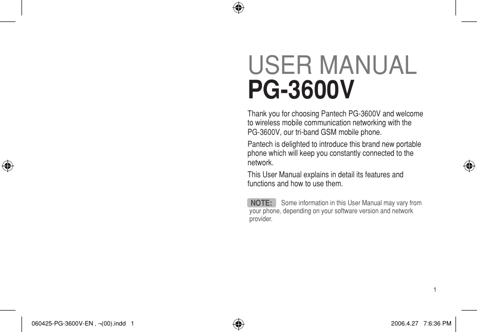 User manual pg-3600v | Pantech PG - 3600V User Manual | Page 2 / 115