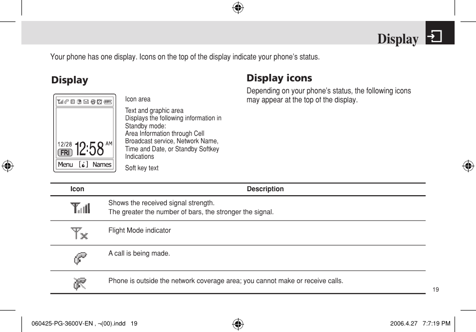 Display, Display display icons | Pantech PG - 3600V User Manual | Page 20 / 115