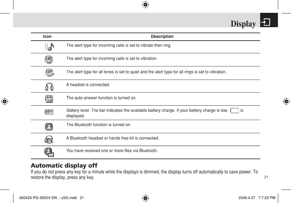Display, Automatic display off | Pantech PG - 3600V User Manual | Page 22 / 115