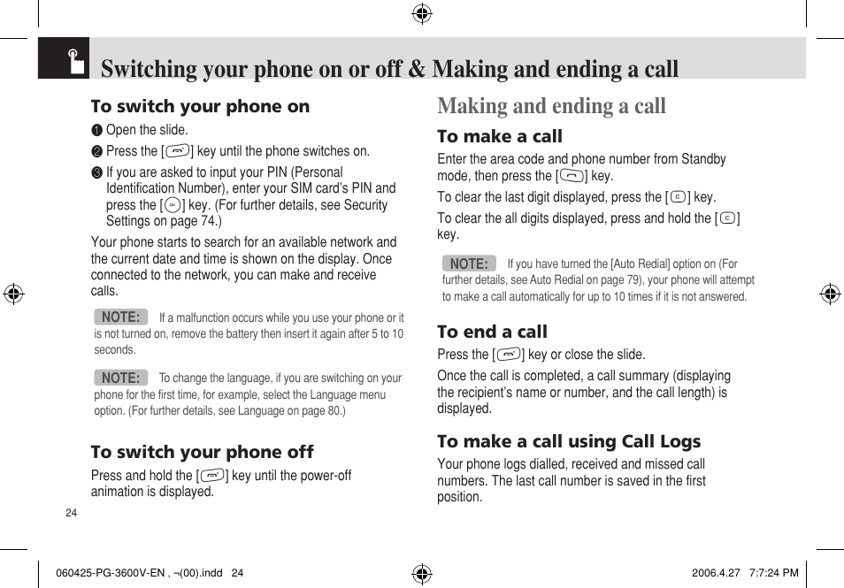 Making and ending a call | Pantech PG - 3600V User Manual | Page 25 / 115