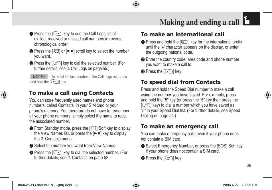 Making and ending a call | Pantech PG - 3600V User Manual | Page 26 / 115