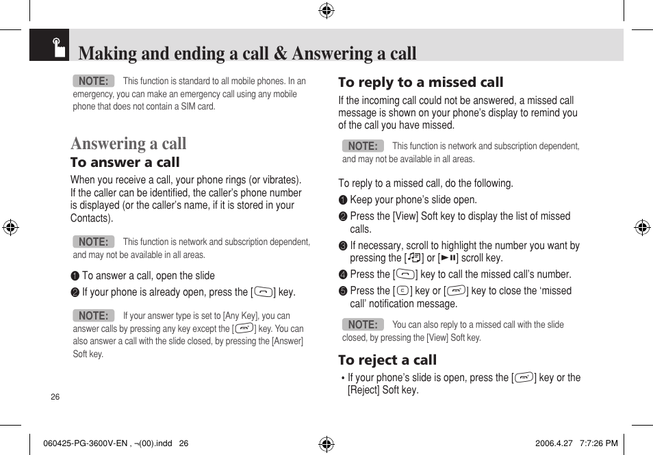 Making and ending a call & answering a call, Answering a call | Pantech PG - 3600V User Manual | Page 27 / 115