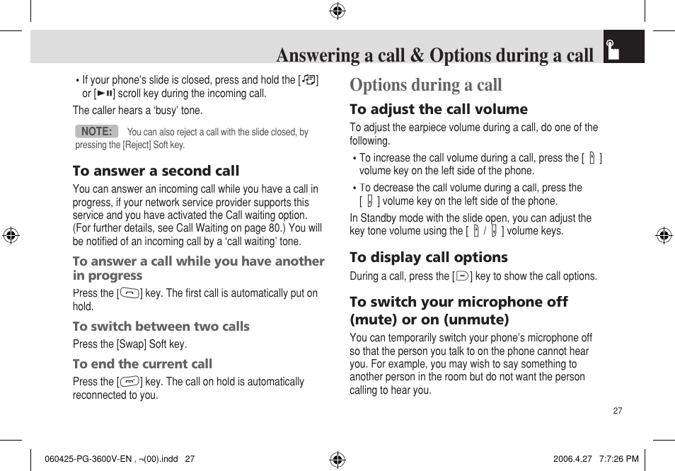 Answering a call & options during a call, Options during a call | Pantech PG - 3600V User Manual | Page 28 / 115