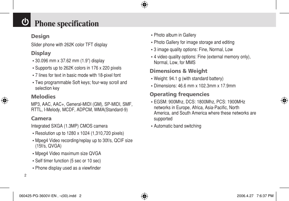 Phone specification | Pantech PG - 3600V User Manual | Page 3 / 115