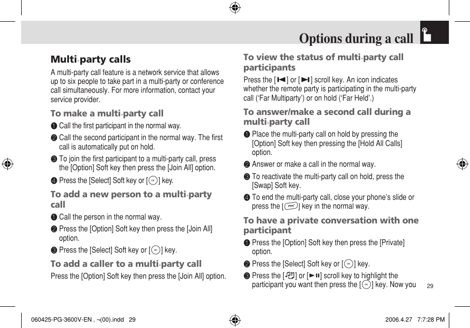 Options during a call | Pantech PG - 3600V User Manual | Page 30 / 115