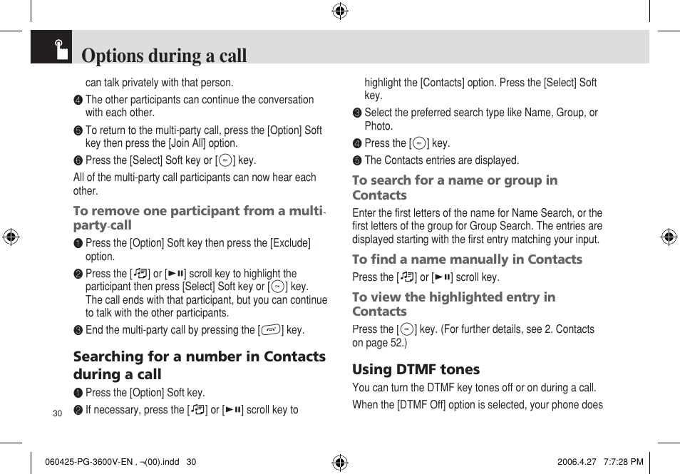 Options during a call | Pantech PG - 3600V User Manual | Page 31 / 115