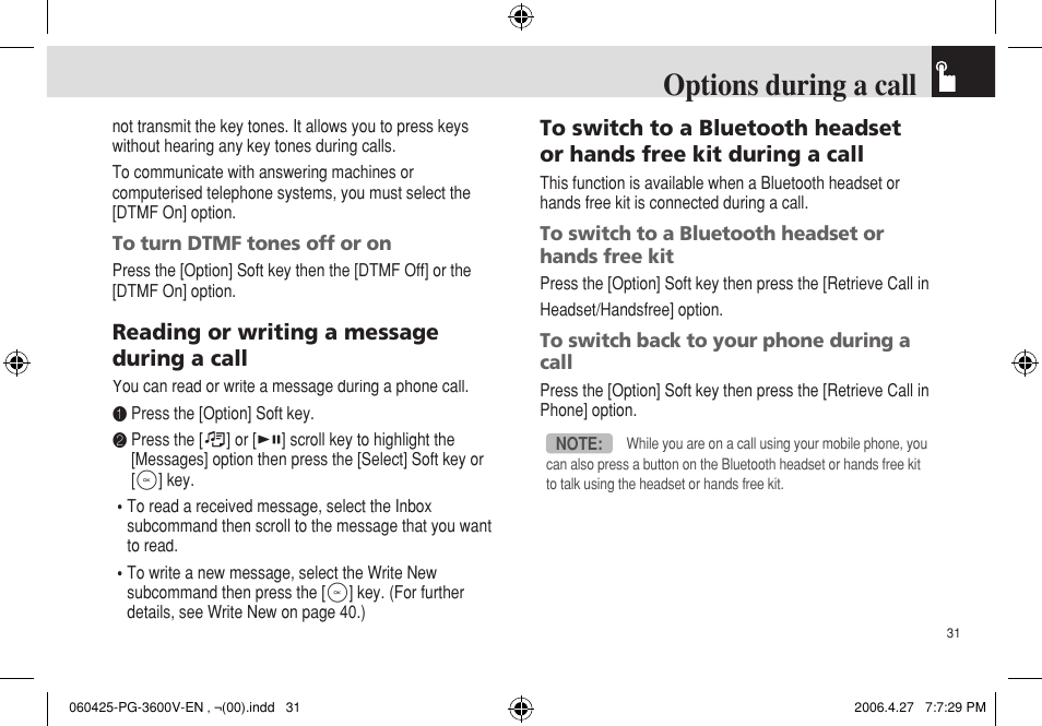 Options during a call | Pantech PG - 3600V User Manual | Page 32 / 115