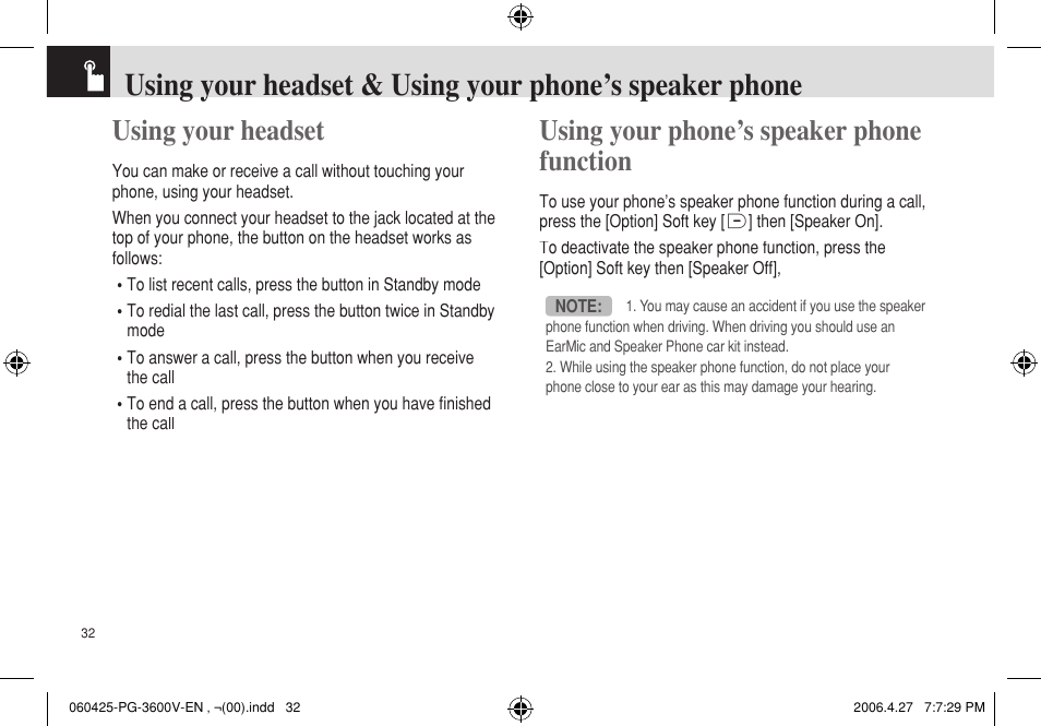 Using your headset, Using your phoneʼs speaker phone function | Pantech PG - 3600V User Manual | Page 33 / 115