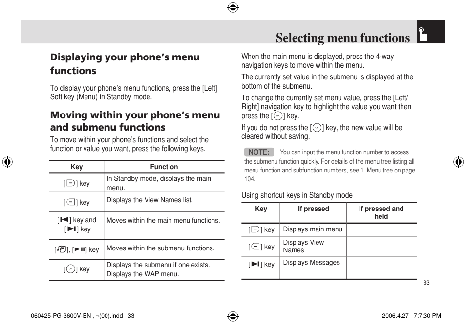 Selecting menu functions, Displaying your phone’s menu functions | Pantech PG - 3600V User Manual | Page 34 / 115