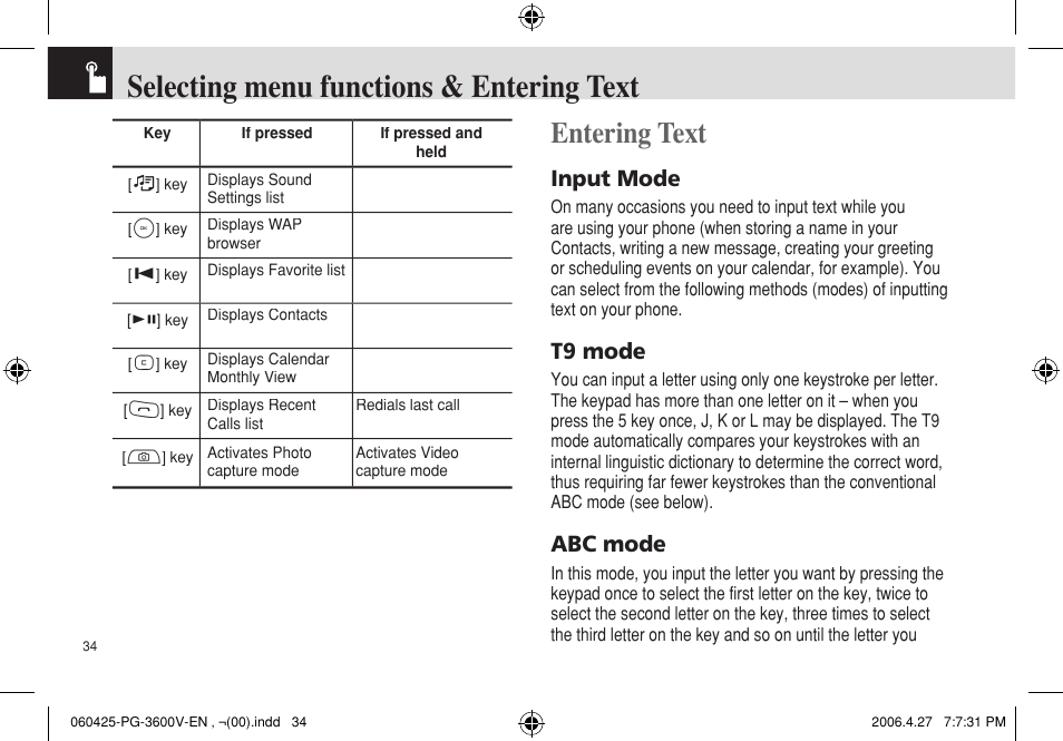 Selecting menu functions & entering text, Entering text, Input mode | T9 mode, Abc mode | Pantech PG - 3600V User Manual | Page 35 / 115