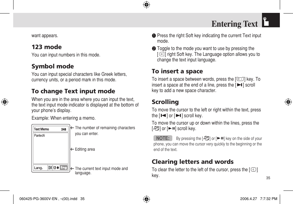Entering text, 123 mode, Symbol mode | Scrolling, Clearing letters and words | Pantech PG - 3600V User Manual | Page 36 / 115