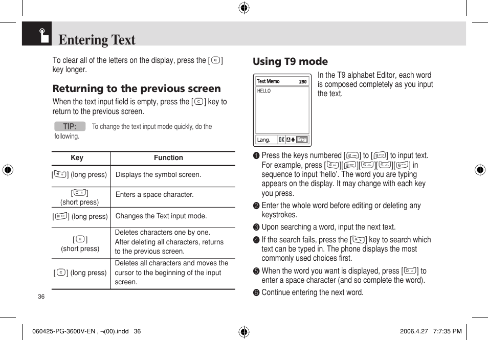 Entering text, Returning to the previous screen, Using t9 mode | Pantech PG - 3600V User Manual | Page 37 / 115