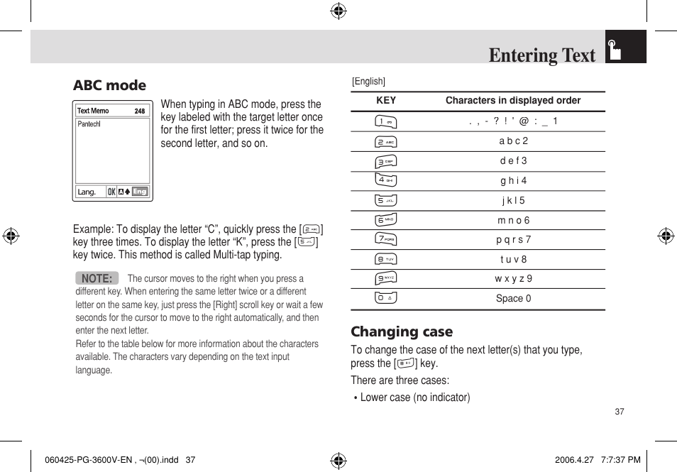 Entering text | Pantech PG - 3600V User Manual | Page 38 / 115