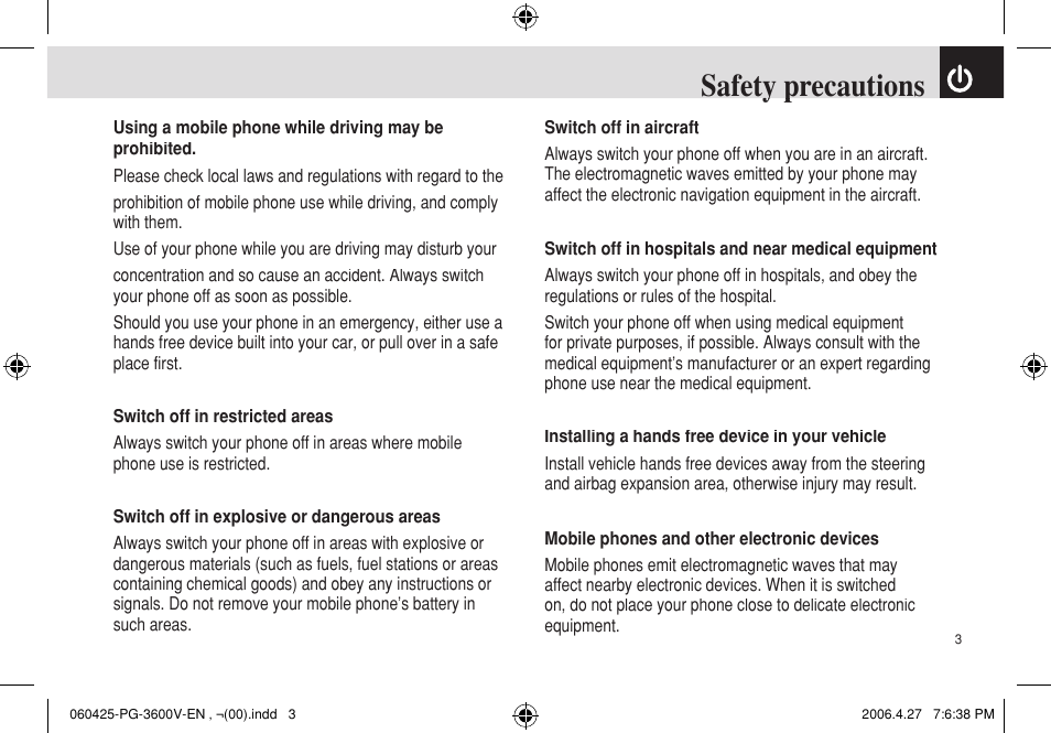Safety precautions | Pantech PG - 3600V User Manual | Page 4 / 115