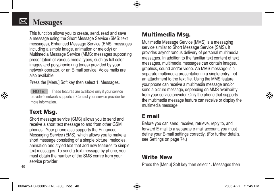Messages | Pantech PG - 3600V User Manual | Page 41 / 115