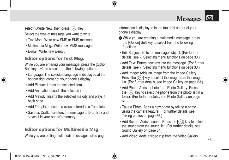 Messages | Pantech PG - 3600V User Manual | Page 42 / 115
