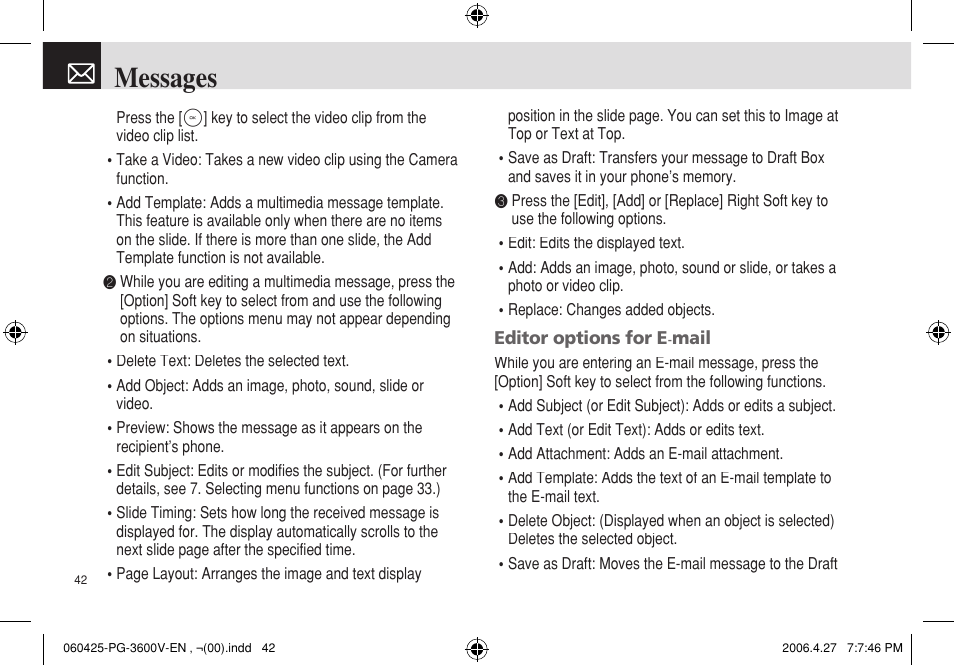 Messages | Pantech PG - 3600V User Manual | Page 43 / 115