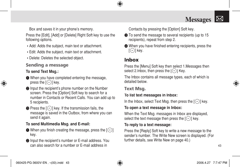 Messages, Inbox | Pantech PG - 3600V User Manual | Page 44 / 115
