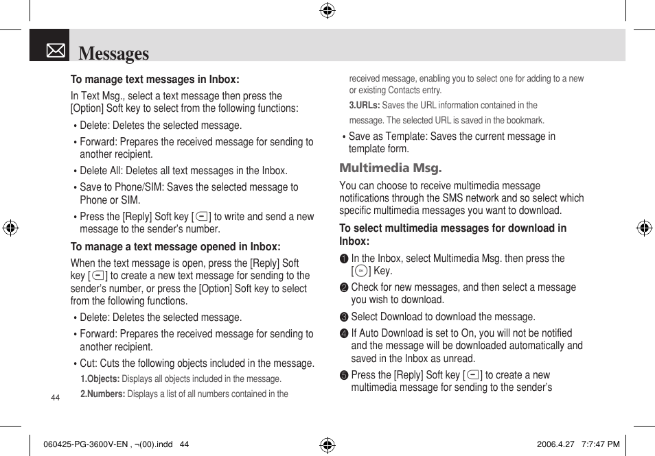 Messages | Pantech PG - 3600V User Manual | Page 45 / 115