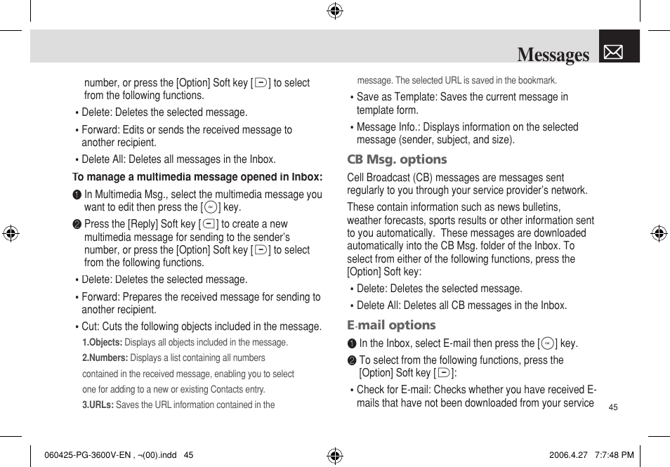 Messages | Pantech PG - 3600V User Manual | Page 46 / 115