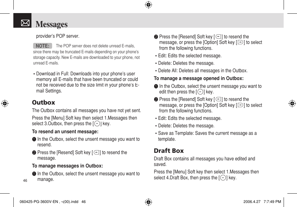 Messages, Outbox, Draft box | Pantech PG - 3600V User Manual | Page 47 / 115