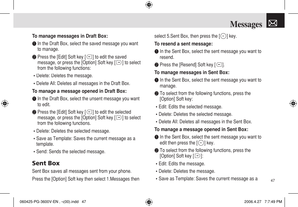 Messages, Sent box | Pantech PG - 3600V User Manual | Page 48 / 115