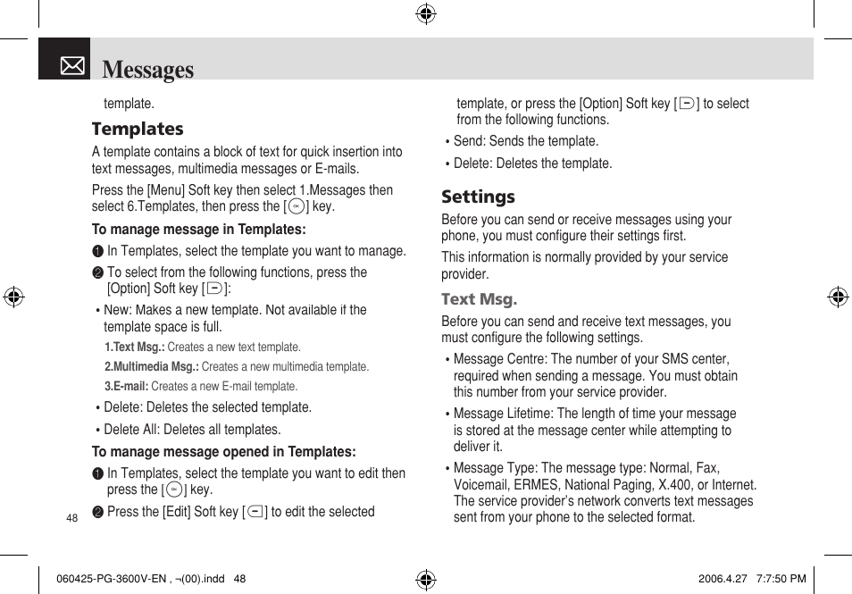 Messages, Templates, Settings | Pantech PG - 3600V User Manual | Page 49 / 115