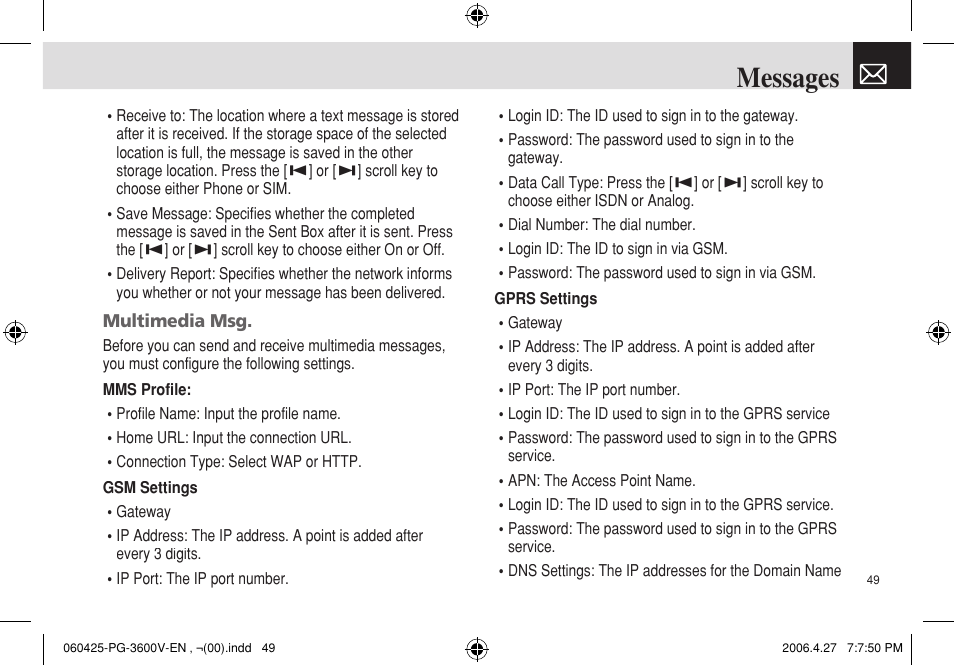 Messages | Pantech PG - 3600V User Manual | Page 50 / 115