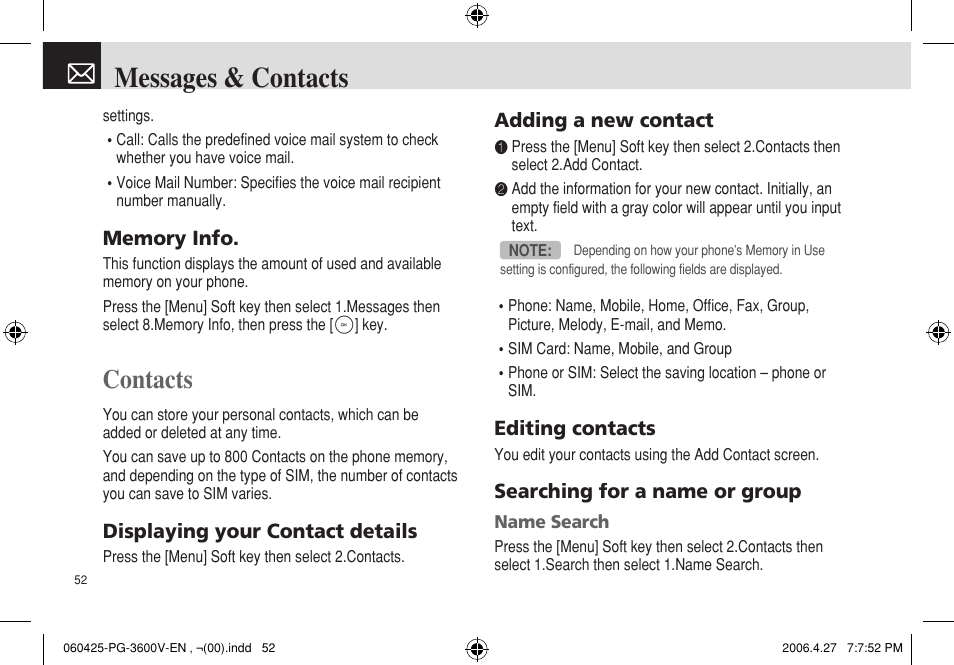 Messages & contacts, Contacts | Pantech PG - 3600V User Manual | Page 53 / 115