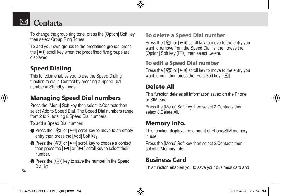 Contacts | Pantech PG - 3600V User Manual | Page 55 / 115