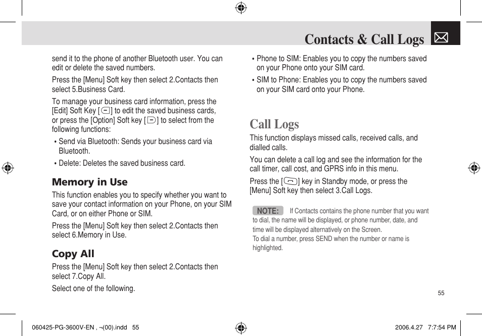 Contacts & call logs, Call logs | Pantech PG - 3600V User Manual | Page 56 / 115