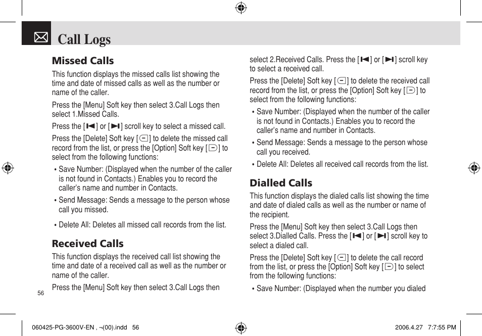 Call logs | Pantech PG - 3600V User Manual | Page 57 / 115